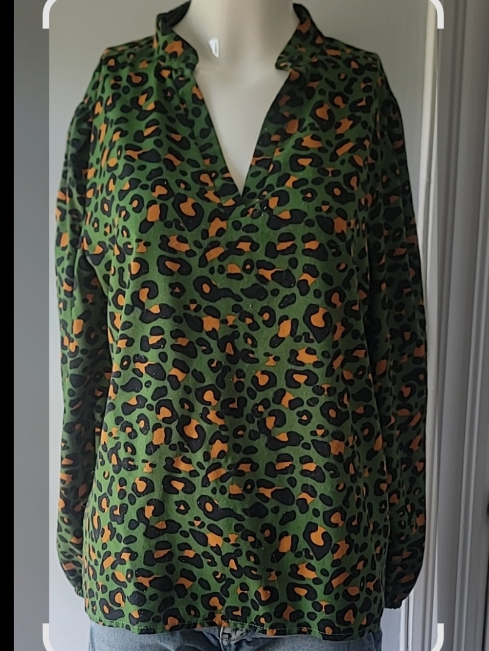 Green Leopard Print V-Neck Blouse
